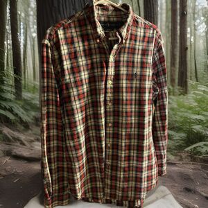 Ralph Lauren Plaid Shirt L Made In India Long Sleeve Red/White/Gray Custom Fit